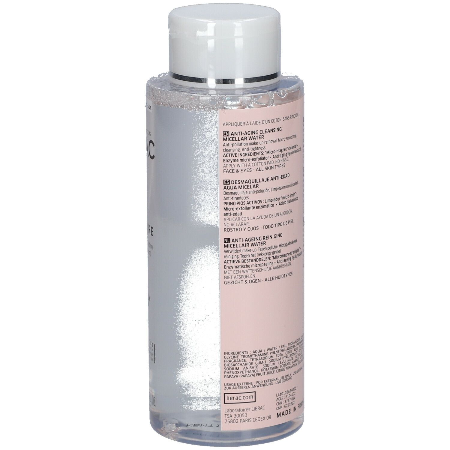 Flacon transparent avec bouchon blanc. Inscription LIERAC, EAU MICELLAIRE. Dos avec texte. 400 ml.
