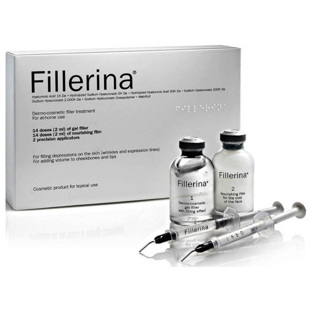 Boîte Fillerina® avec flacons, seringues et texte. Contient 14 doses de gel filler et 14 doses de film nourrissant.