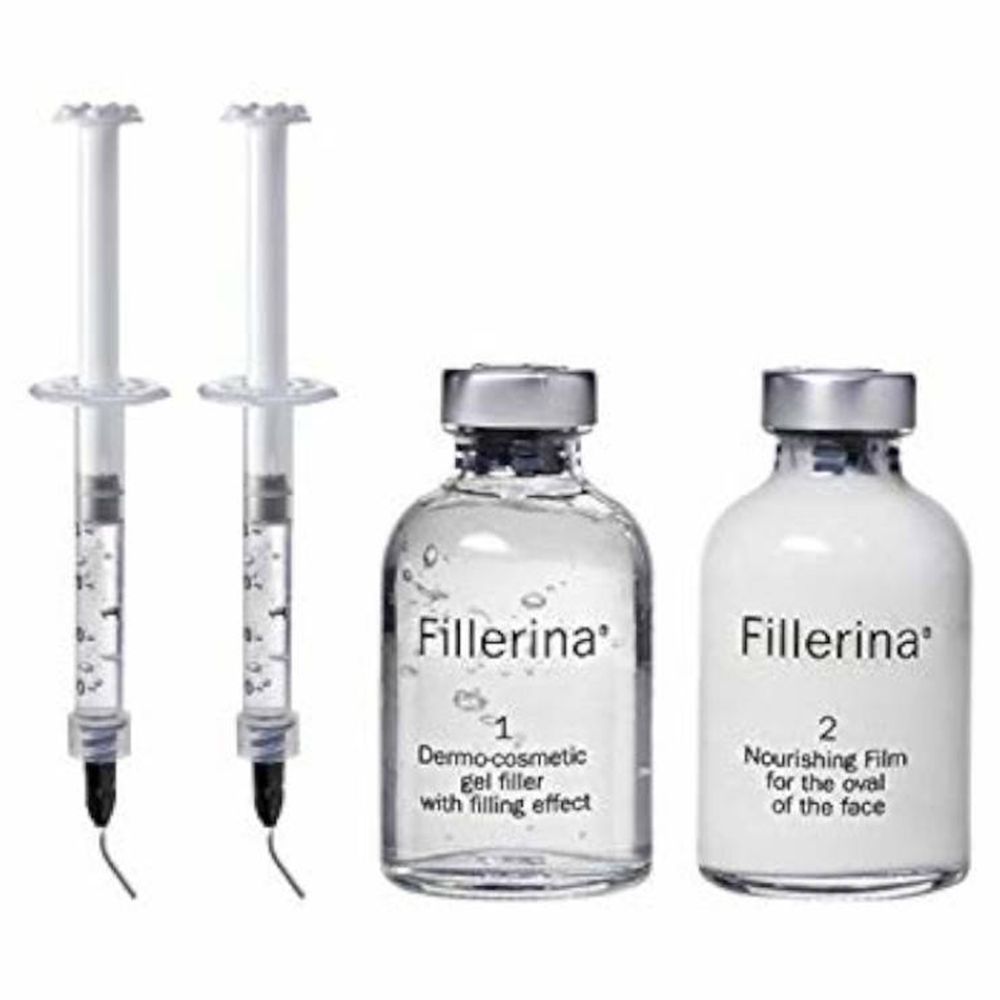 Deux seringues et deux flacons Fillerina®. Flacons étiquetés "1" et "2".
