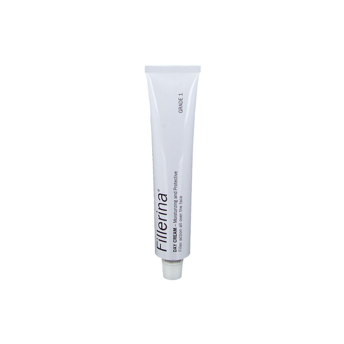 Tube blanc avec inscription "Fillerina" et "DAY CREAM". "GRADE 1" imprimé.