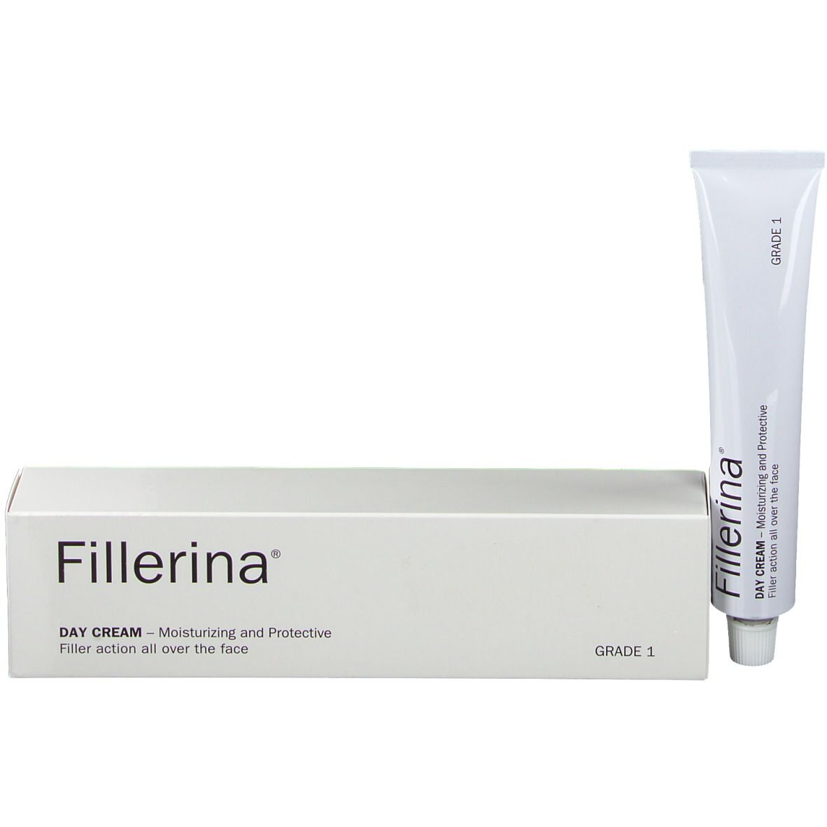 Boîte blanche et tube. Boîte avec "Fillerina" et "DAY CREAM". Tube avec "GRADE 1".
