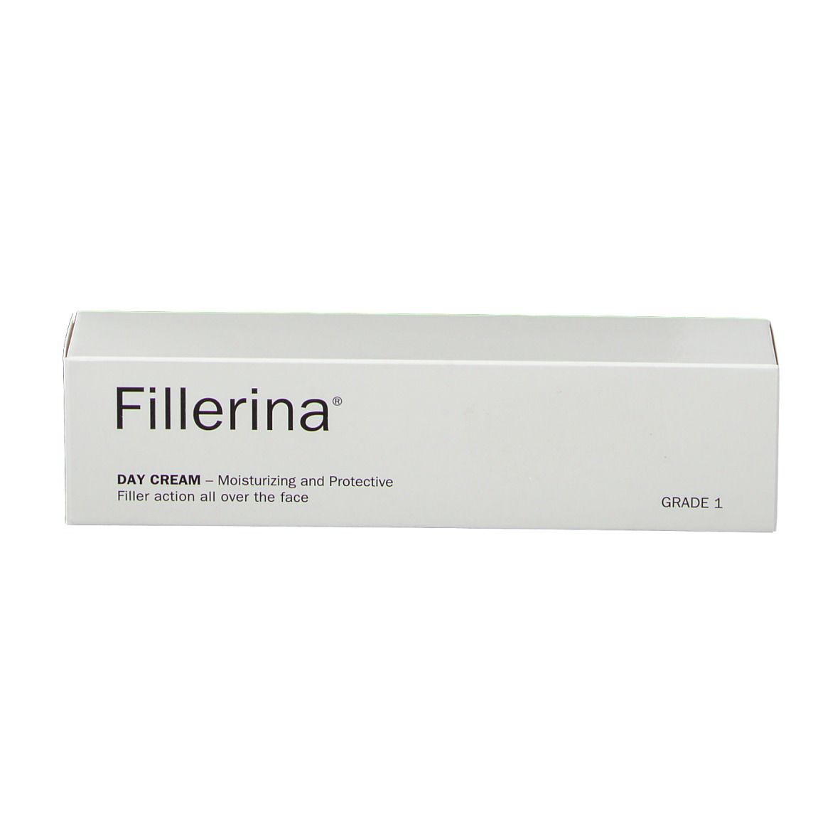 Boîte rectangulaire blanche avec impression "Fillerina" et "DAY CREAM". "GRADE 1".