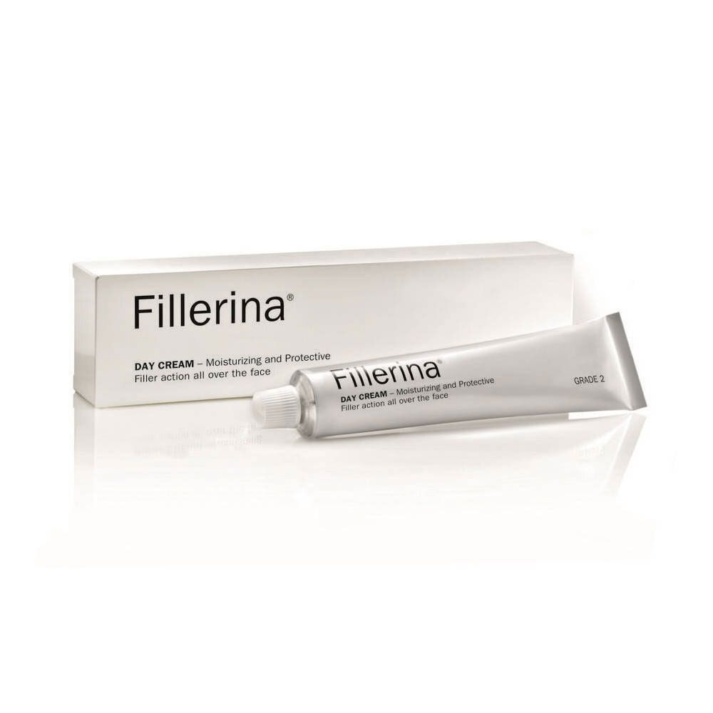 Tube et boîte de crème. Fillerina, crème de jour, grade 2 est écrit sur le tube. Fillerina est écrit sur la boîte.