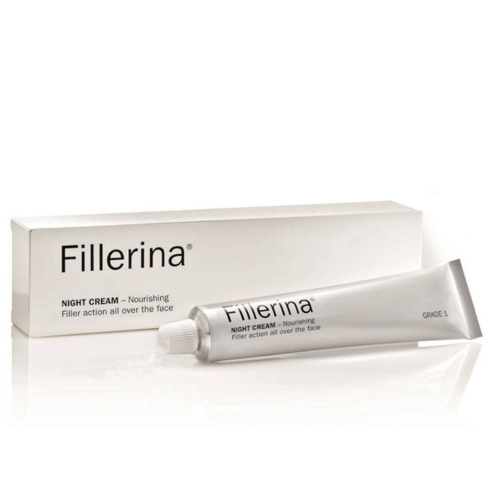 Tube et boîte blanches. "Fillerina NIGHT CREAM" sur le tube. "Fillerina" sur la boîte.