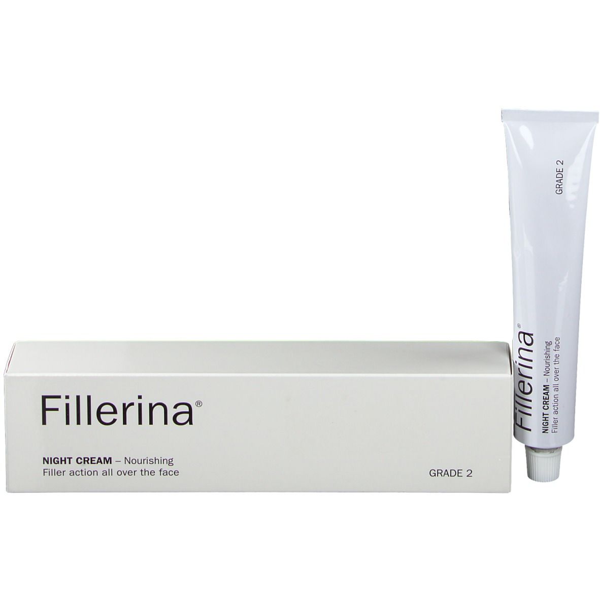 Boîte et tube blancs. Sur la boîte, on lit 'Fillerina Night Cream Grade 2'.
