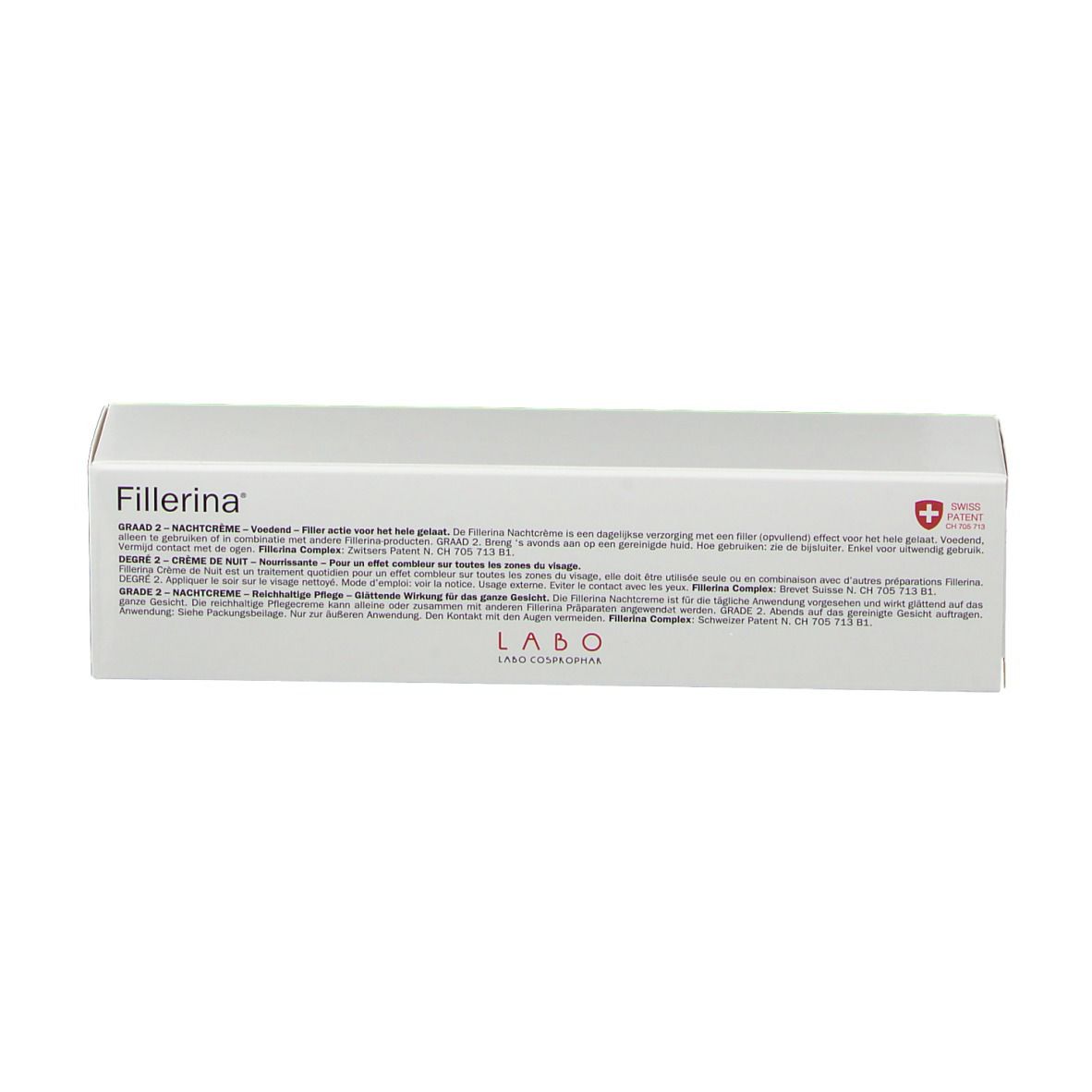 Boîte blanche avec texte et croix suisse. Marque : Fillerina.