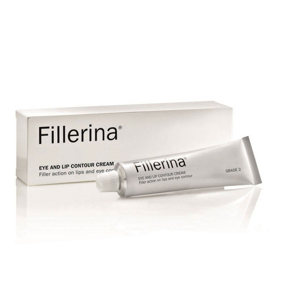 Boîte pliante et tube blancs. "Fillerina" est écrit sur la boîte. "Fillerina Eye and Lip Contour Cream" sur le tube.