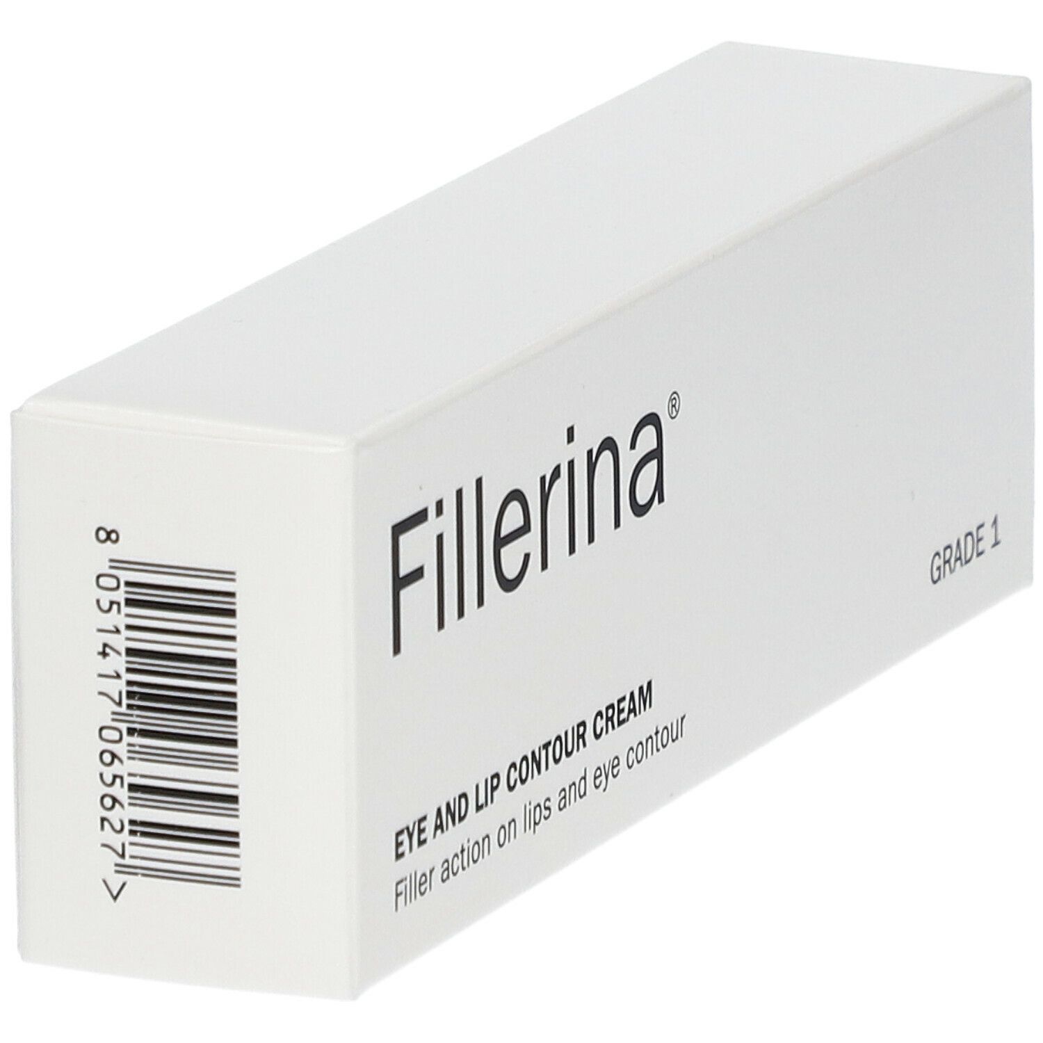 Boîte blanche "Fillerina". Code-barres et "EYE AND LIP CONTOUR CREAM" sont visibles.