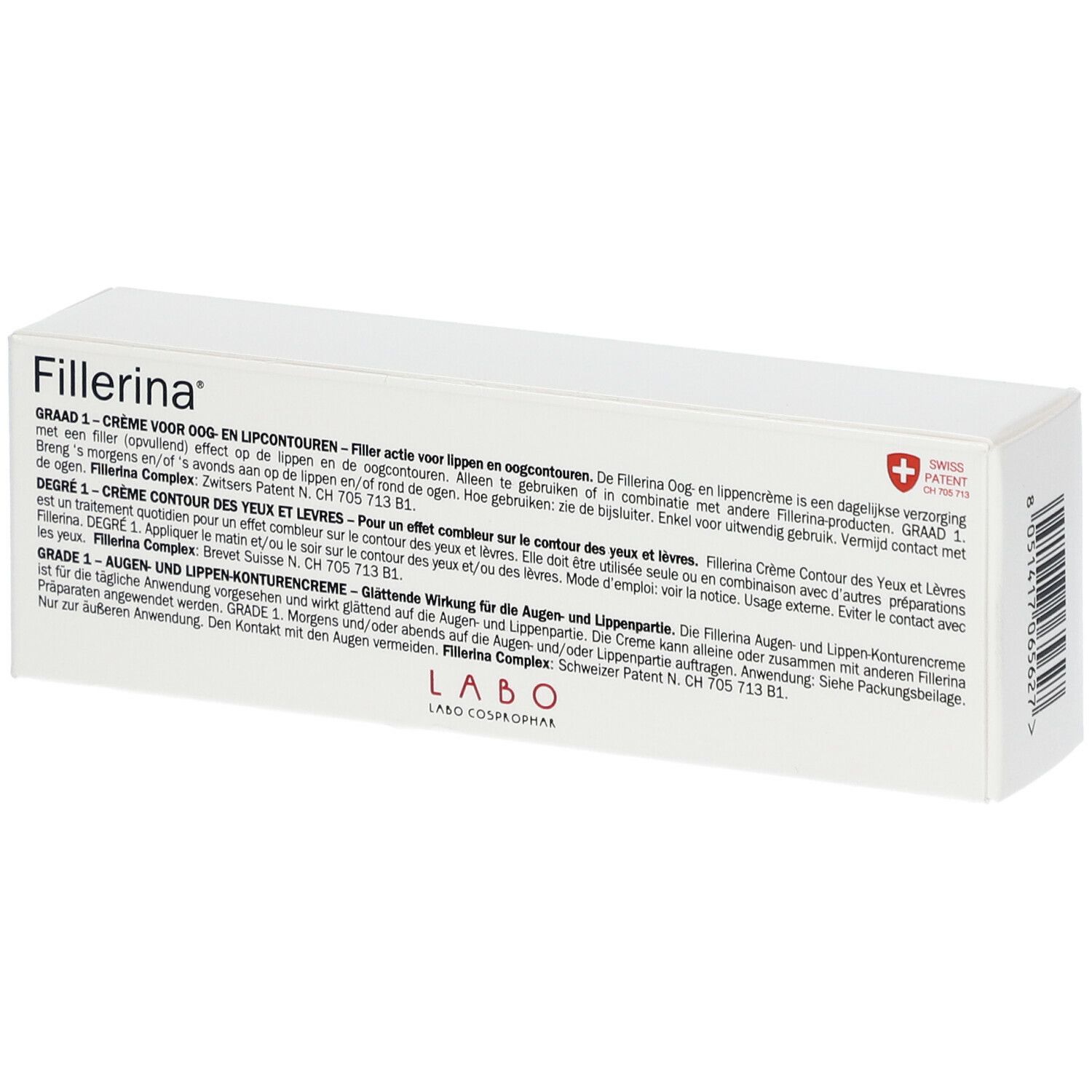 Boîte blanche avec texte multilingue. "Fillerina" et une croix suisse sont visibles.