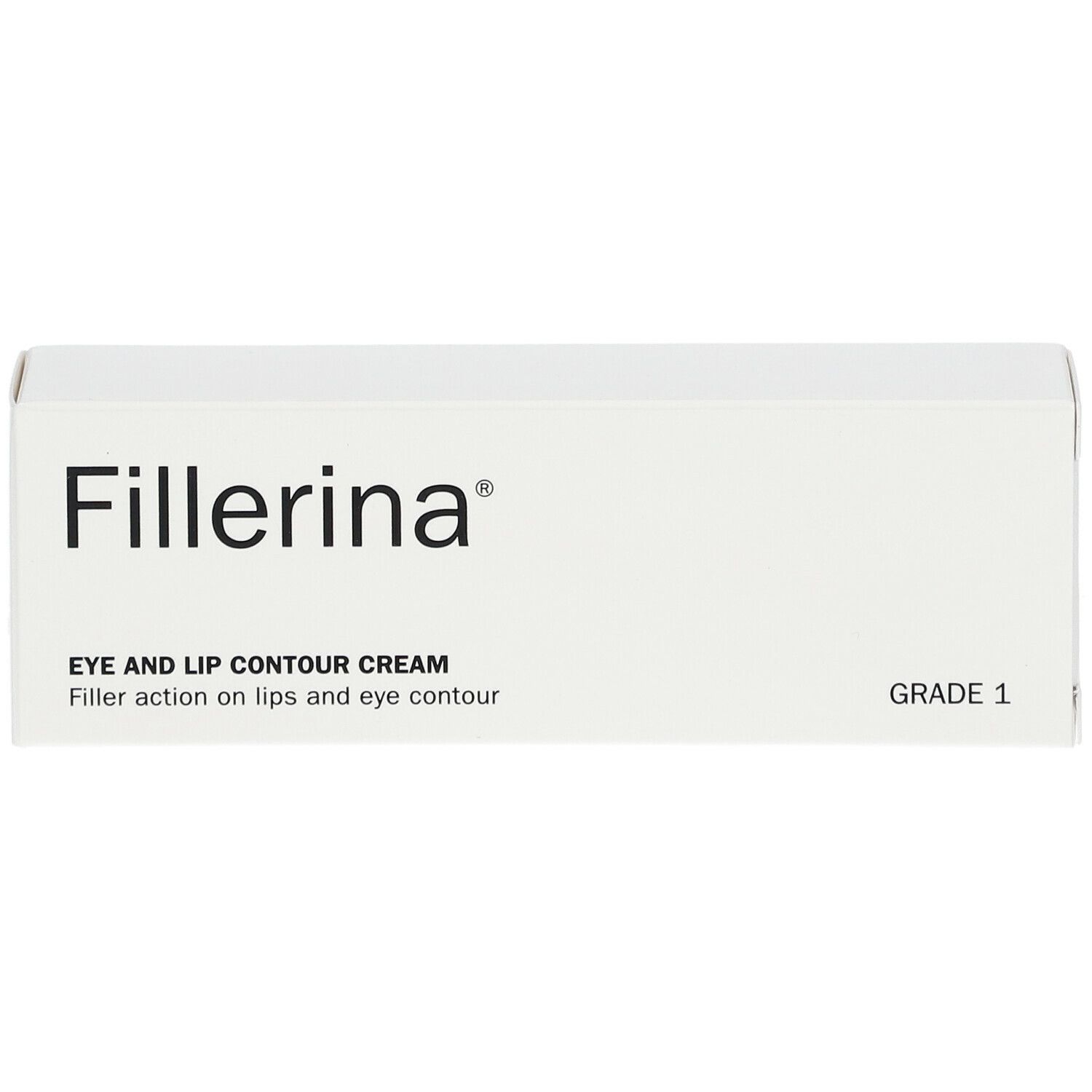 Boîte blanche "Fillerina". "EYE AND LIP CONTOUR CREAM" et "GRADE 1" sont visibles.