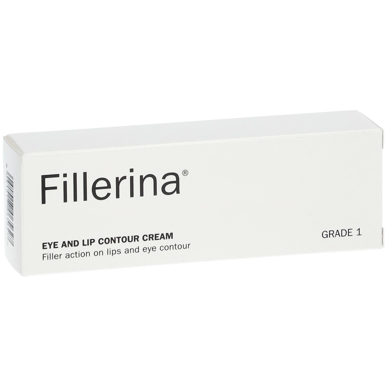 Boîte blanche "Fillerina". "EYE AND LIP CONTOUR CREAM" et "GRADE 1" sont visibles.