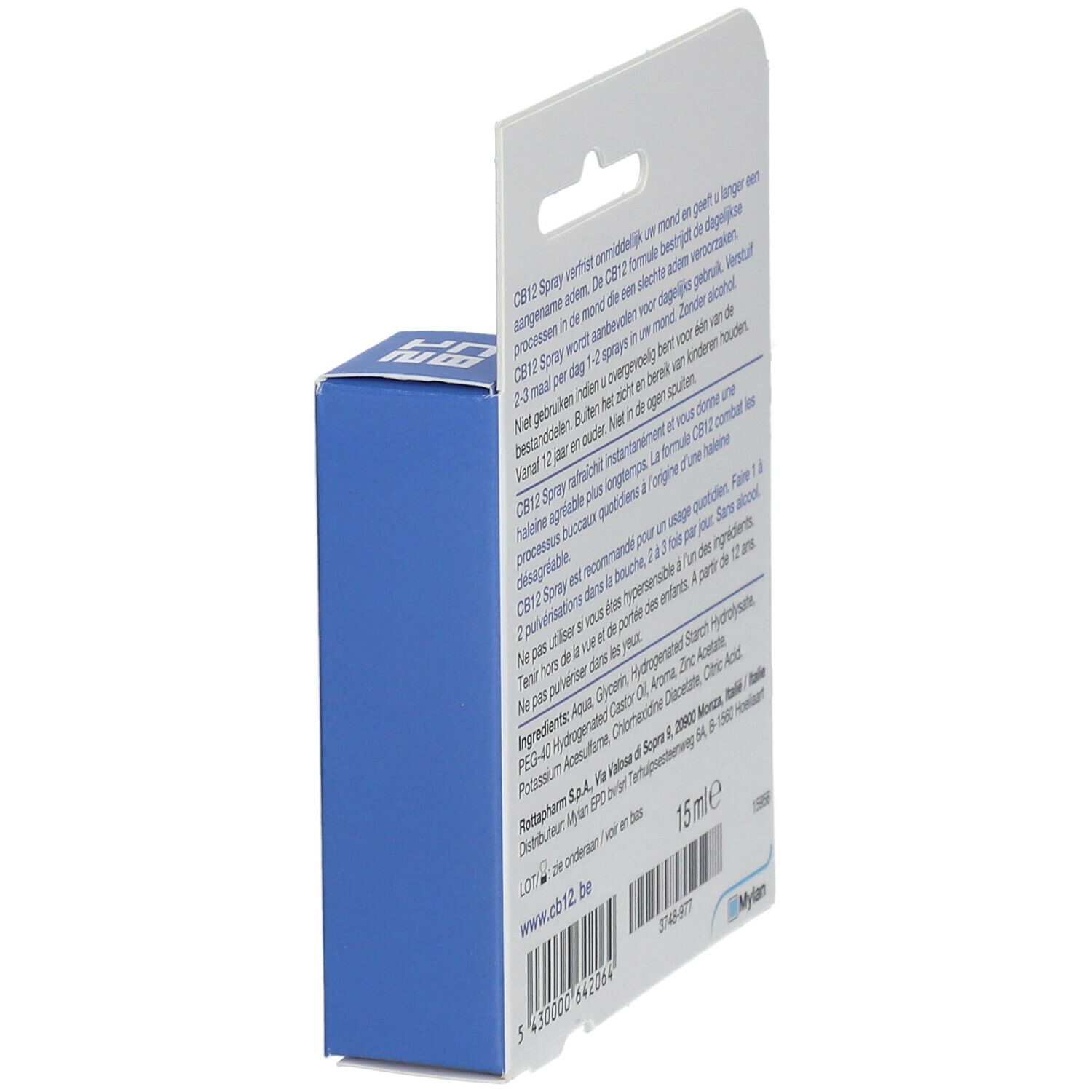 Emballage, dos. Texte en néerlandais et français. Informations fabricant. 15 ml.