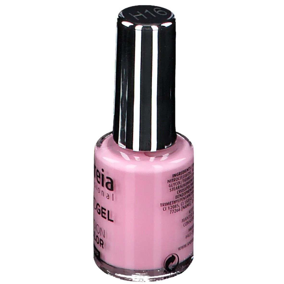 Flacon de vernis à ongles rose. Bouchon noir. Inscription : andreia professional HYBRIDGEL. Ingrédients au dos.