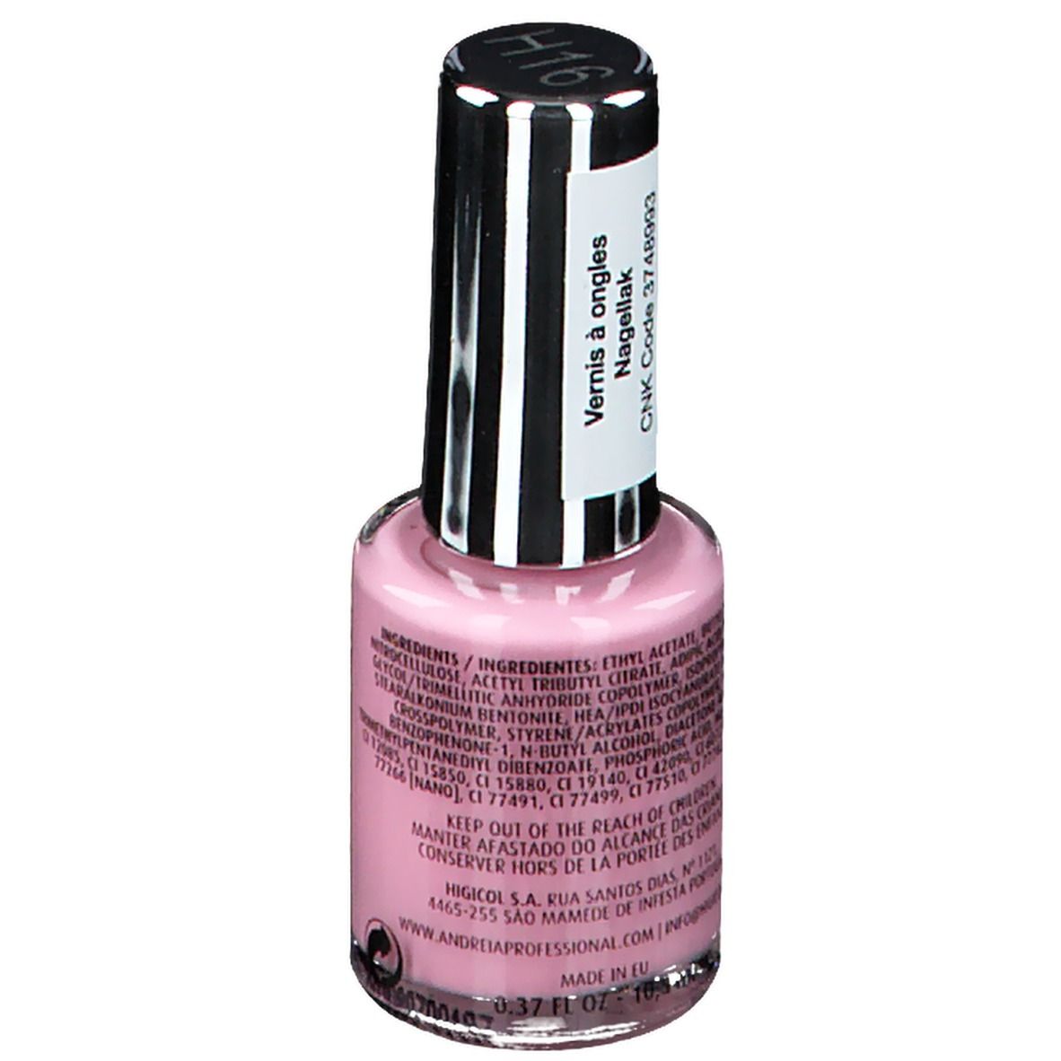 Flacon de vernis à ongles rose. Bouchon noir avec étiquette. Inscription : Vernis à ongles, ingrédients, CNK Code 3748993.