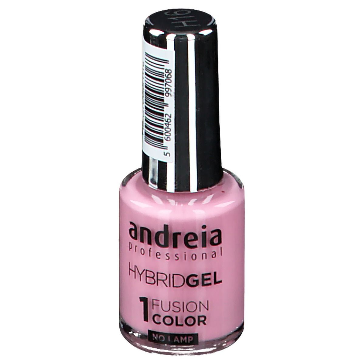 Flacon de vernis à ongles rose. Bouchon noir avec étiquette blanche. Inscription : andreia professional HYBRIDGEL 1 FUSION COLOR.