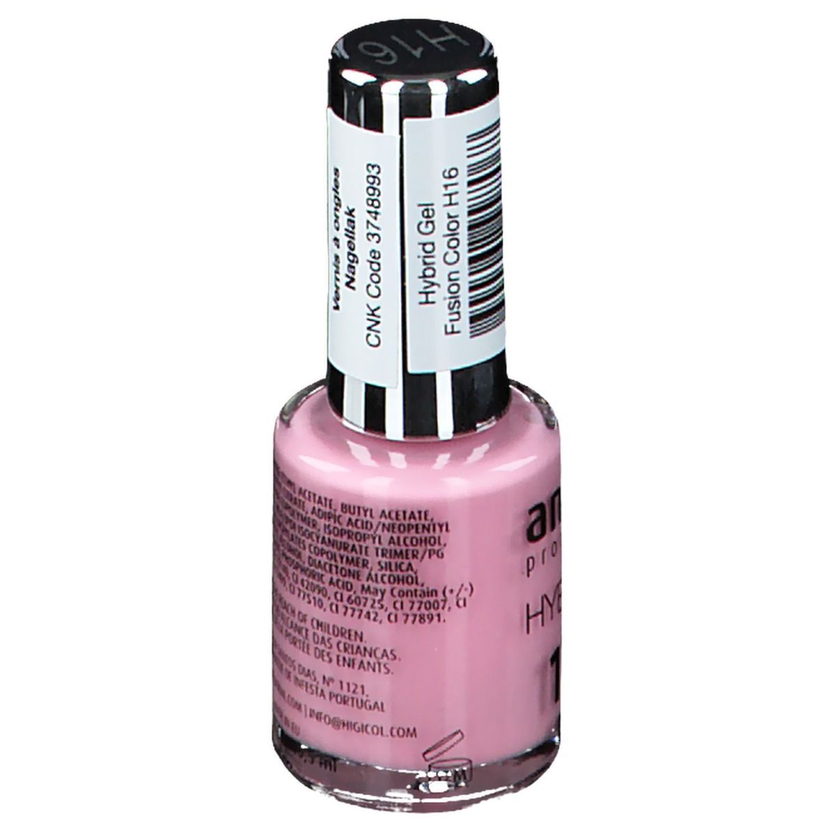 Flacon de vernis à ongles rose. Bouchon noir avec étiquette. Inscription : Hybrid Gel, CNK Code 3748993, Fusion Color H16.