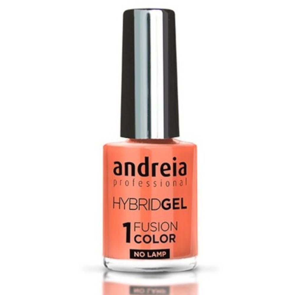 Vernis à ongles Andreia Hybrid Gel. Flacon orange avec bouchon argenté. Inscriptions: Hybridgel, Fusion Color, No Lamp.