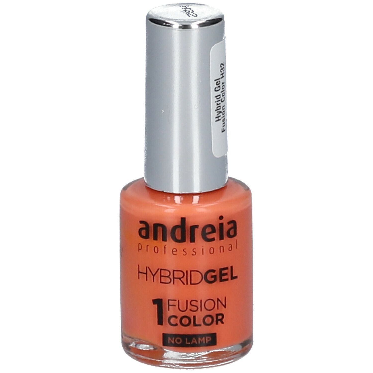 Vernis à ongles Andreia Hybrid Gel. Flacon orange avec bouchon argenté. Inscriptions: Hybridgel, Fusion Color, No Lamp.