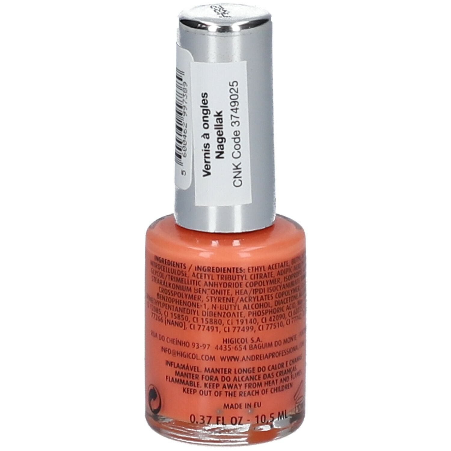 Vernis à ongles Andreia Hybrid Gel. Flacon orange avec bouchon argenté. Inscriptions: Hybridgel, Fusion Color, No Lamp.