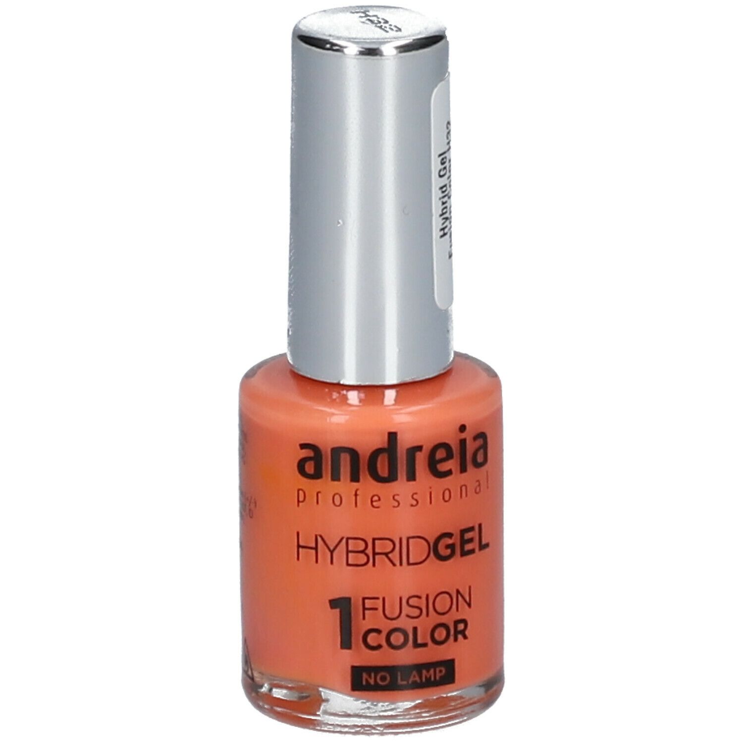 Vernis à ongles Andreia Hybrid Gel. Flacon orange avec bouchon argenté. Inscriptions: Hybridgel, Fusion Color, No Lamp.