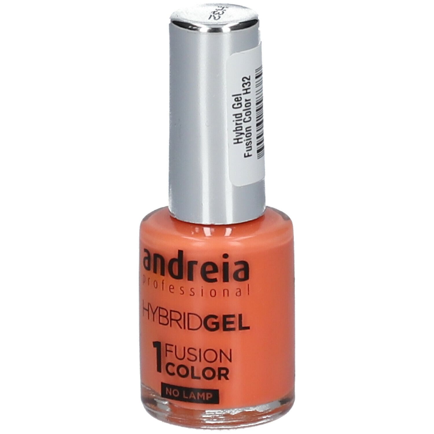 Vernis à ongles Andreia Hybrid Gel. Flacon orange avec bouchon argenté. Inscriptions: Hybridgel, Fusion Color, No Lamp.