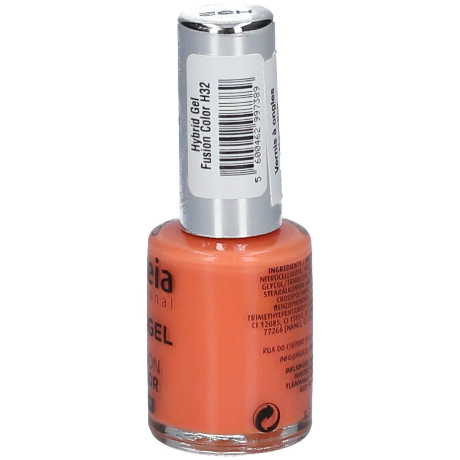 Vernis à ongles Andreia Hybrid Gel. Flacon orange avec bouchon argenté. Inscriptions: Hybridgel, Fusion Color, No Lamp.