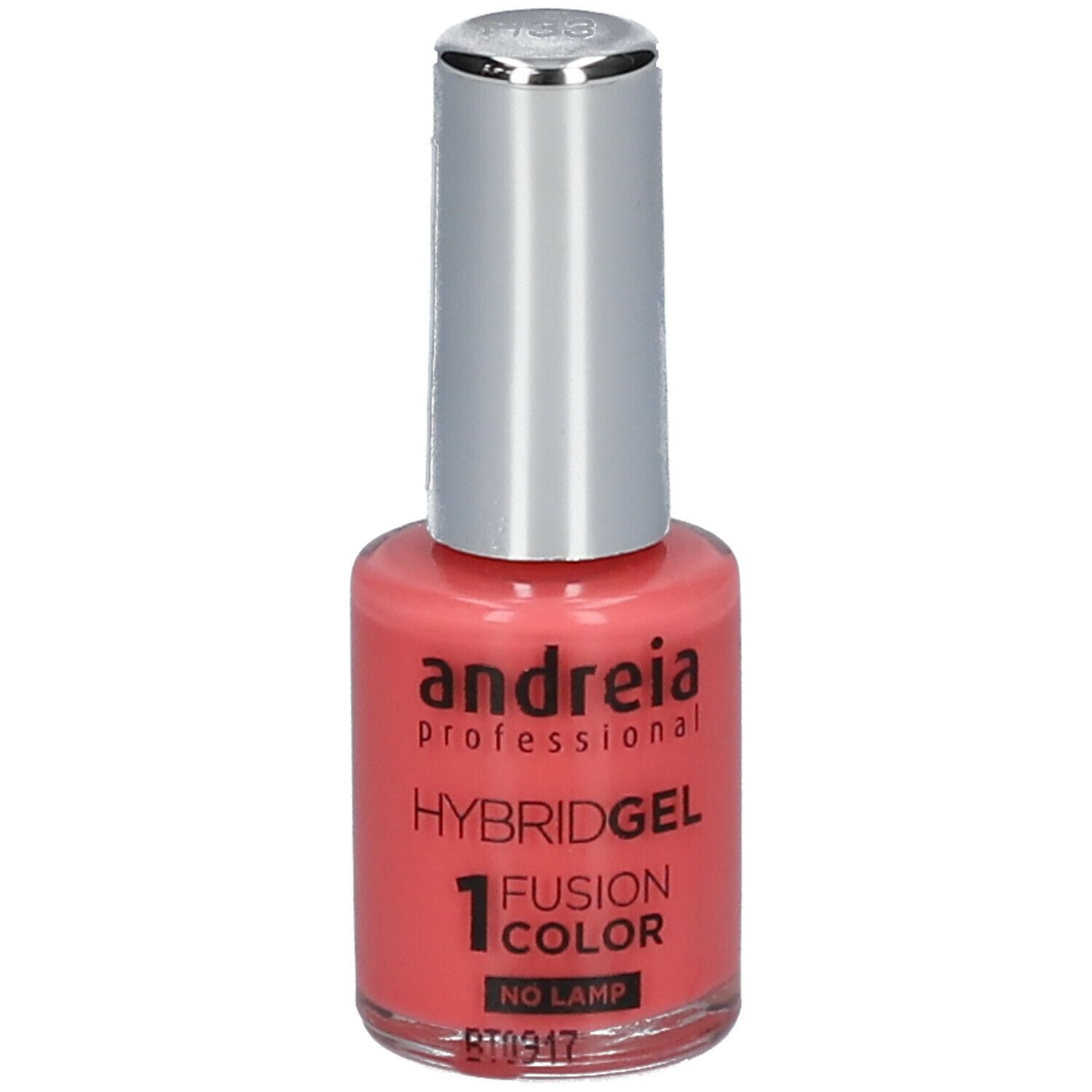 Vernis à ongles Andreia Professional. Hybridgel Fusion Color H33 Sweet Peach. Flacon rose avec bouchon argenté.