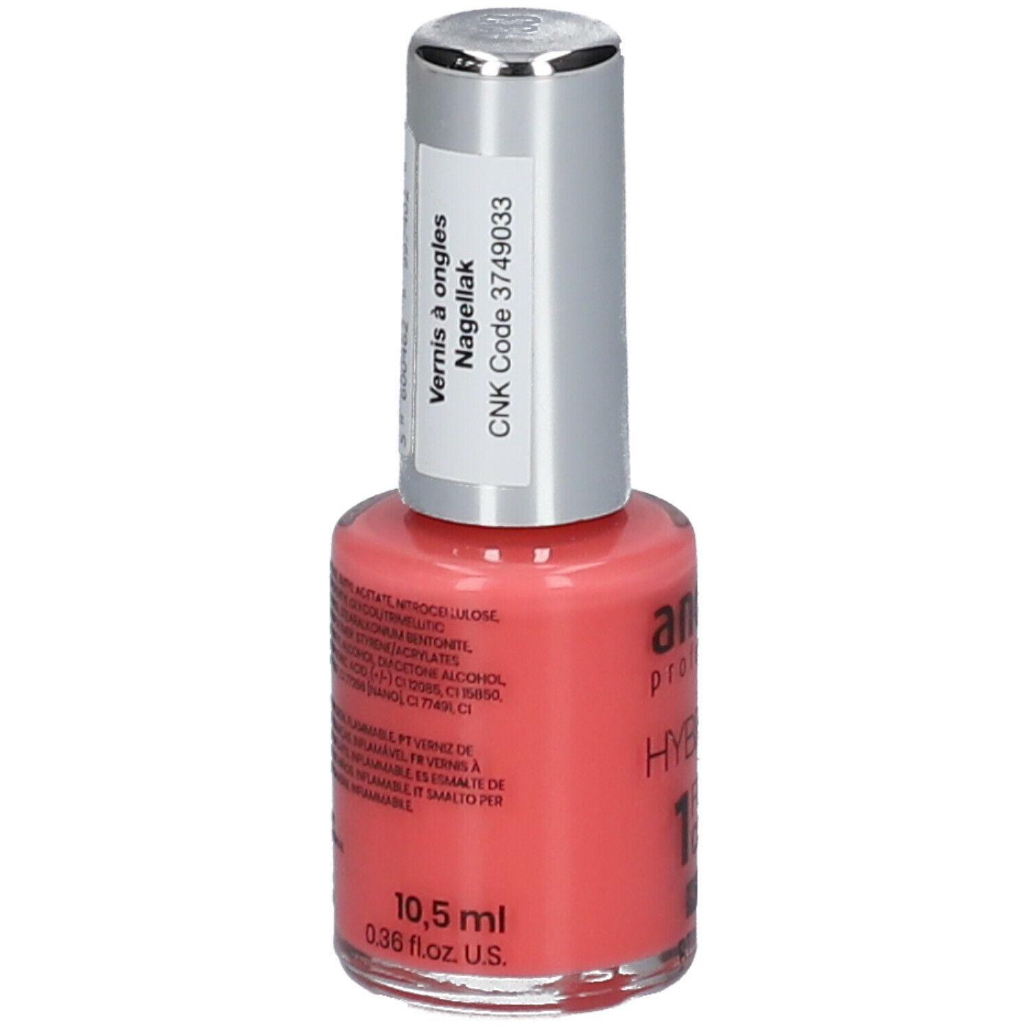 Vernis à ongles Andreia Professional. Hybridgel Fusion Color H33 Sweet Peach. Flacon rose avec bouchon argenté.