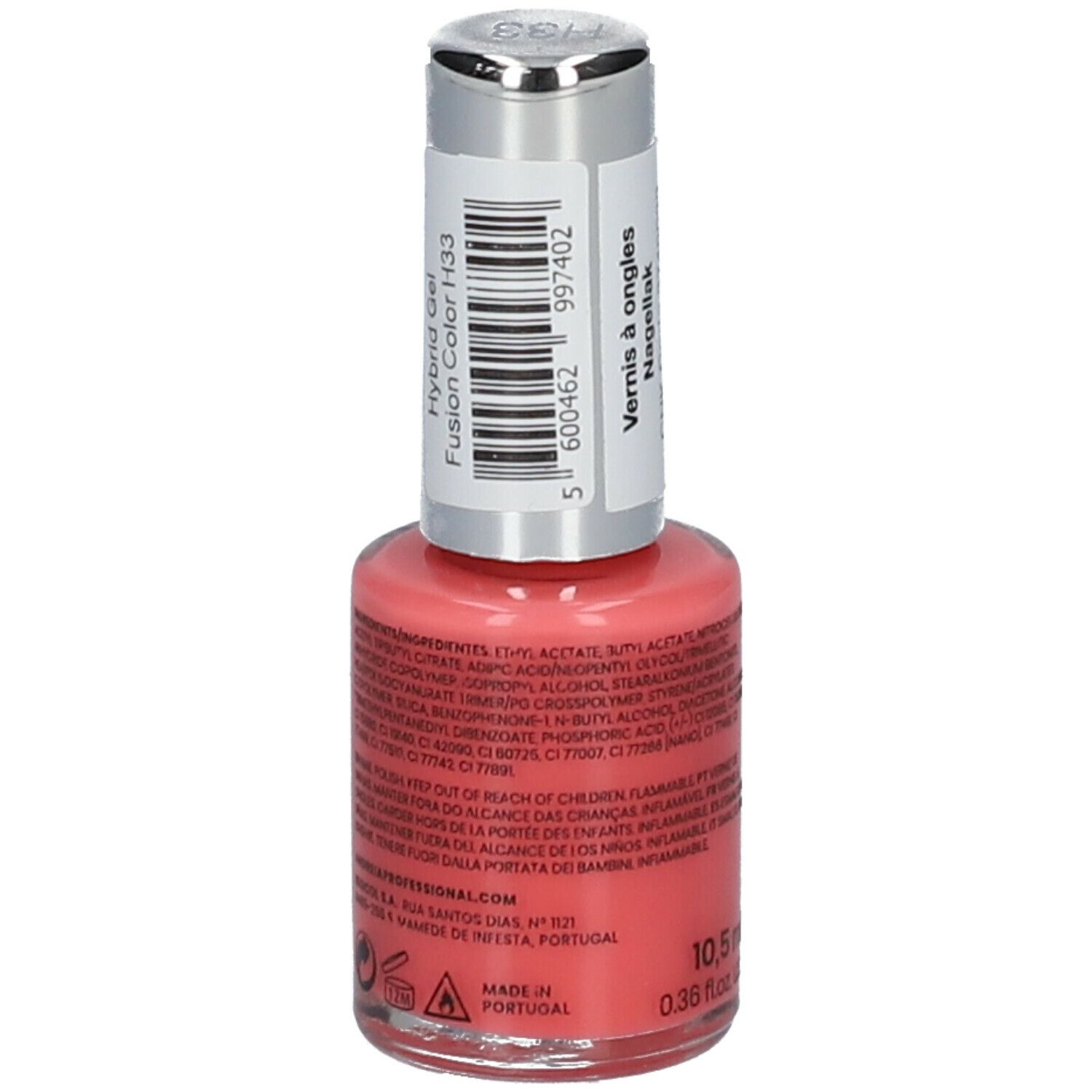 Vernis à ongles Andreia Professional. Hybridgel Fusion Color H33 Sweet Peach. Flacon rose avec bouchon argenté.