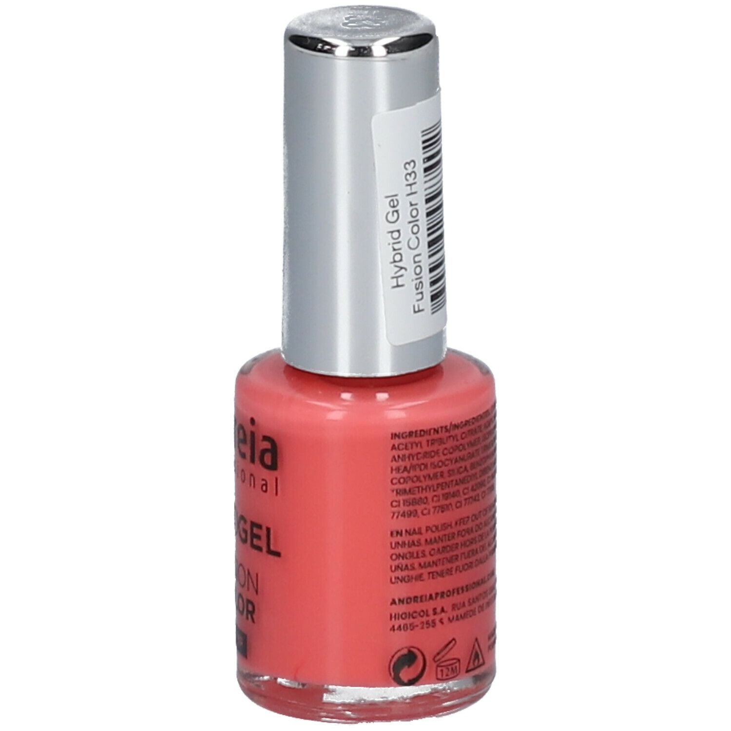 Vernis à ongles Andreia Professional. Hybridgel Fusion Color H33 Sweet Peach. Flacon rose avec bouchon argenté.