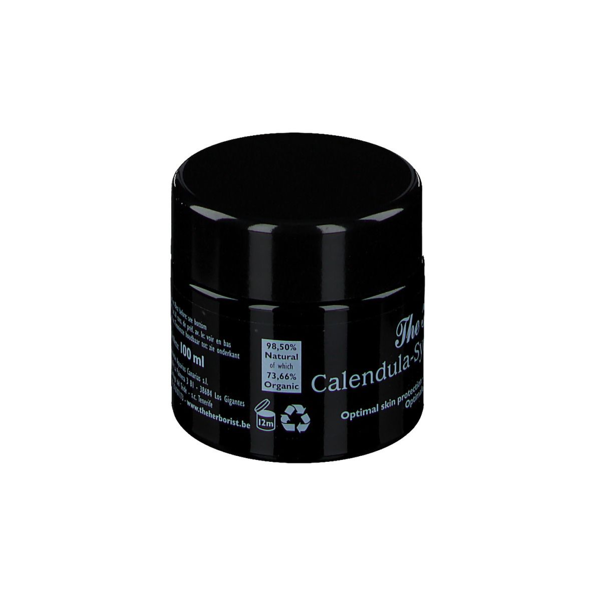 Schwarzer Tiegel mit Text. 'The Herborist Calendula-Symphytum Cream'. 100 ml. 98,50% natürlich.