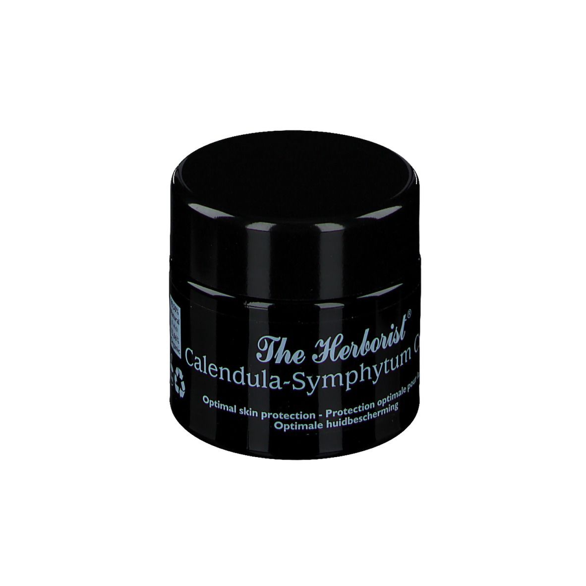 Schwarzer Tiegel mit Text. 'The Herborist Calendula-Symphytum Cream'. Text: Optimaler Hautschutz.
