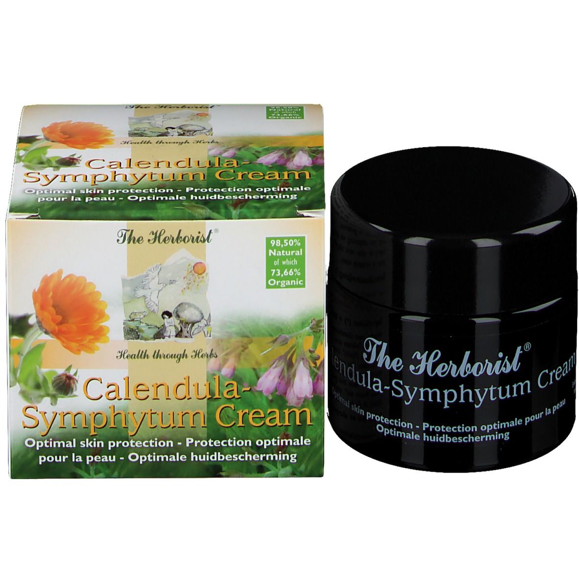 Produktverpackung und Tiegel. Verpackung: 'Calendula-Symphytum Cream'. Tiegel: 'The Herborist'.