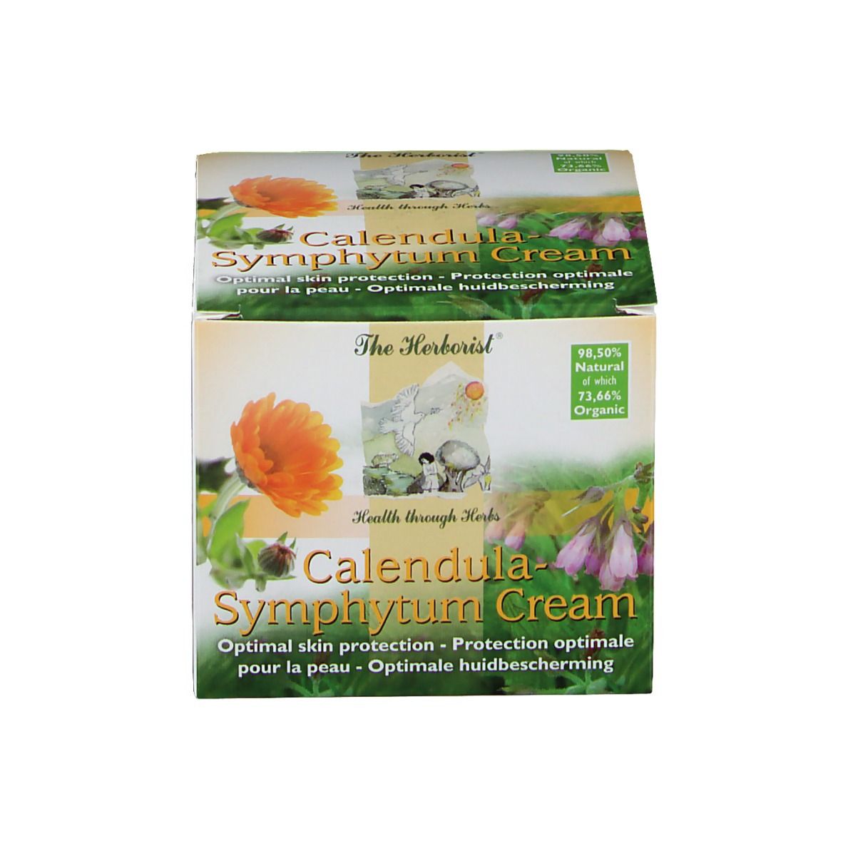 Produktverpackung. 'Calendula-Symphytum Cream'. Text: Optimaler Hautschutz. 98,50% natürlich.