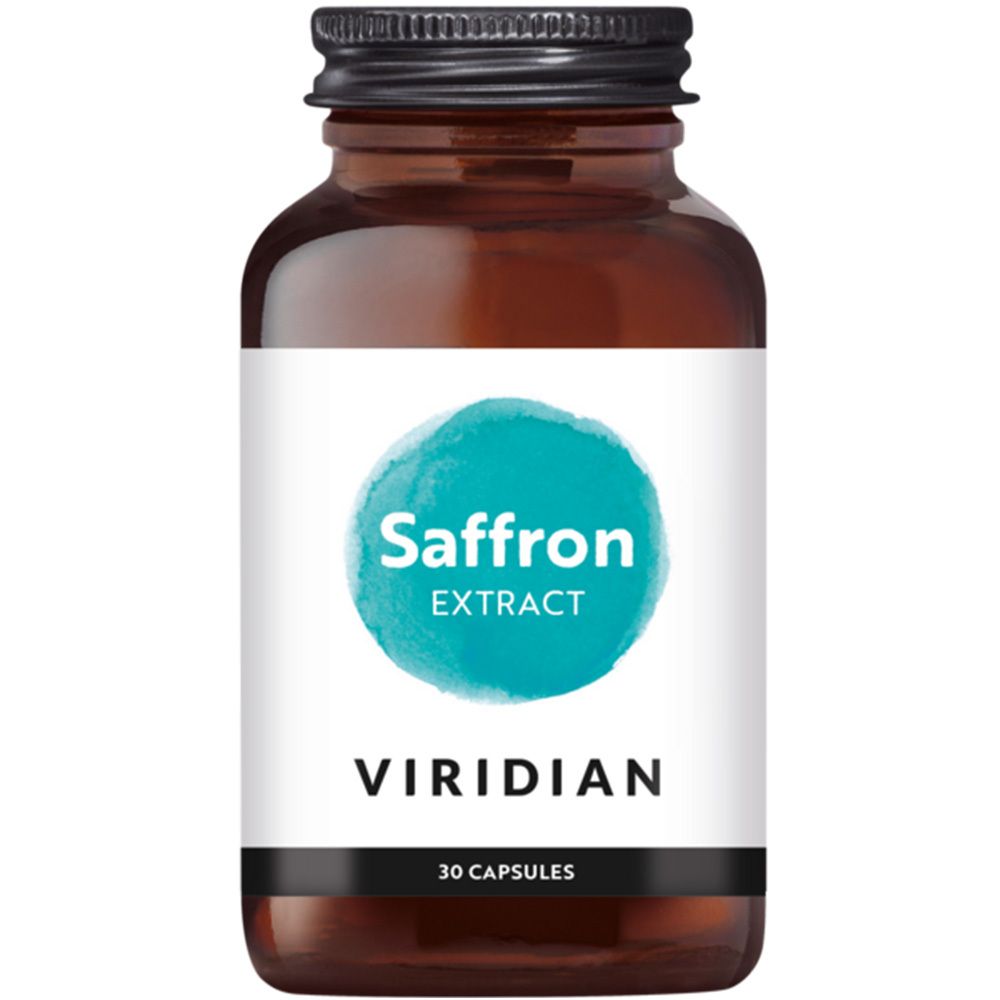 Flacon en verre brun avec étiquette blanche. Inscription: Saffron Extract, Viridian, 30 capsules. Cercle bleu.