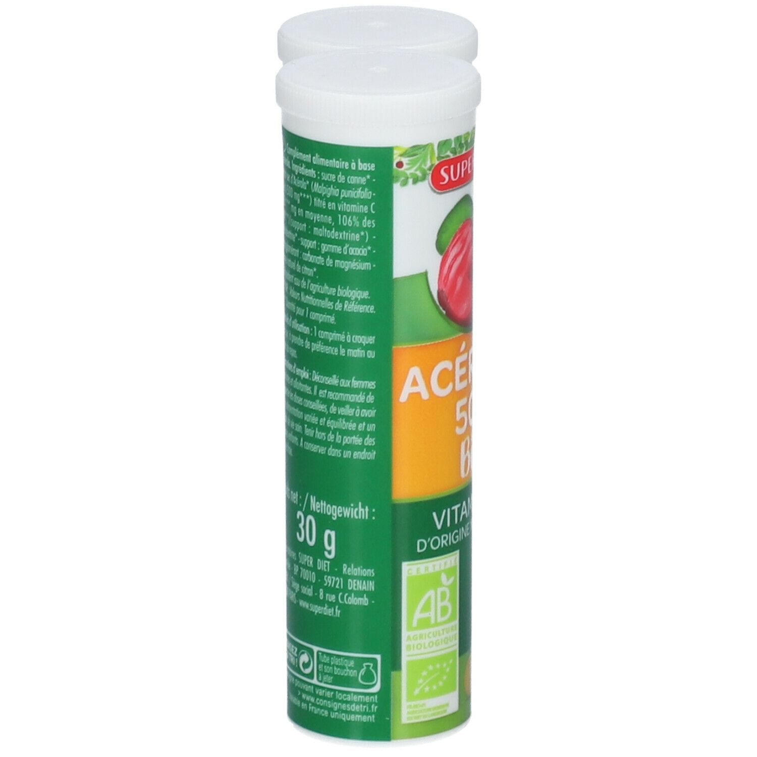 Tube SUPER DIET Acerola 500 Bio. Inscription: Vitamine C, 12 comprimés. Label AB. Texte au dos.