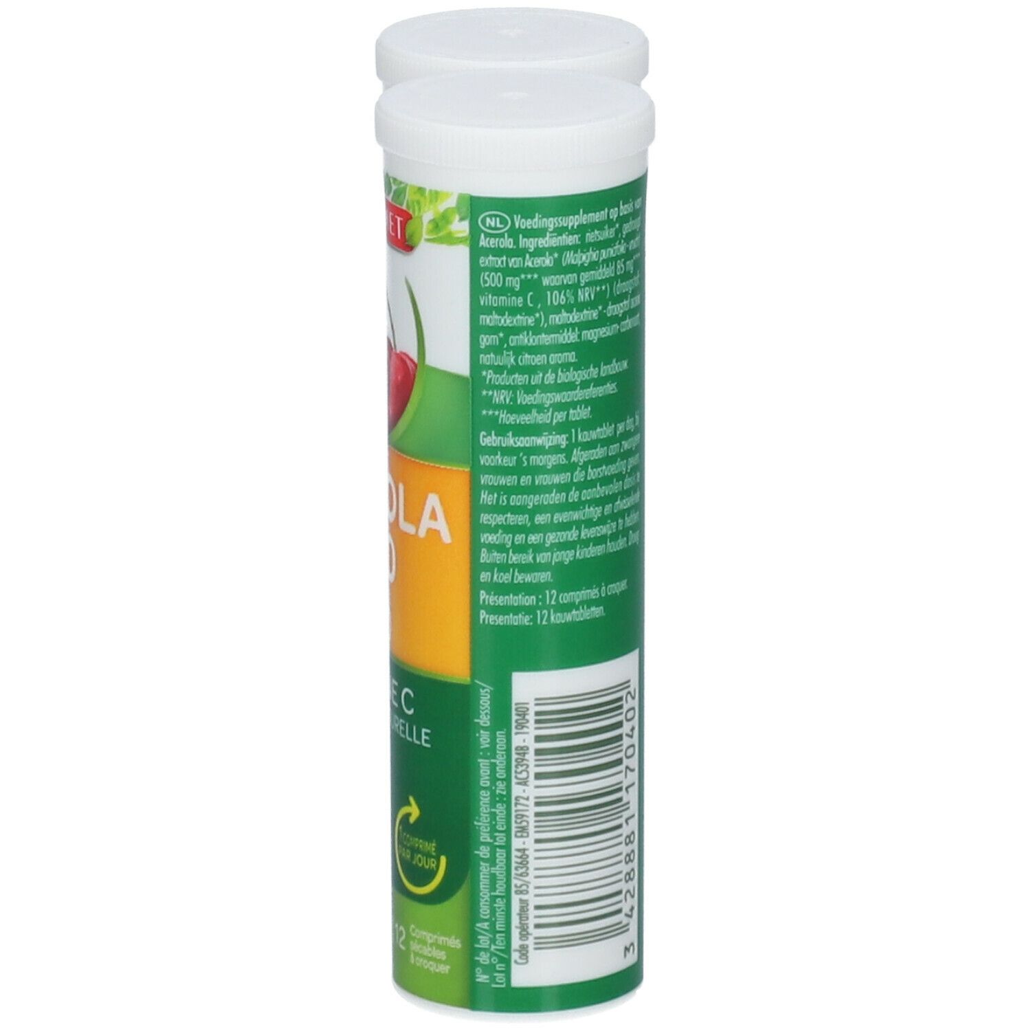 Deux tubes SUPER DIET Acerola 500 Bio. Inscription: Vitamine C, 12 comprimés. Label AB.