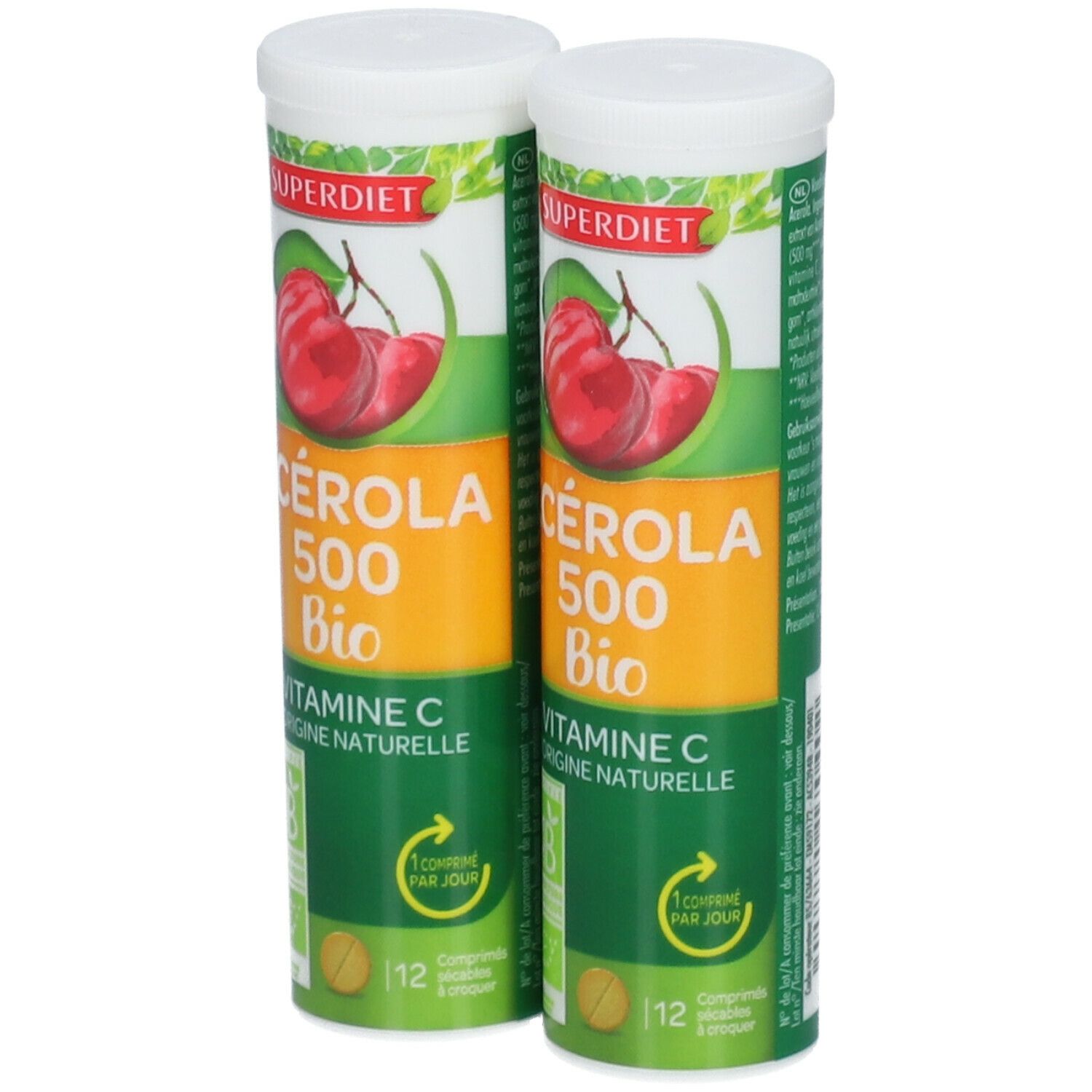 Deux tubes SUPER DIET Acerola 500 Bio. Inscription: Vitamine C, 12 comprimés. Label AB.