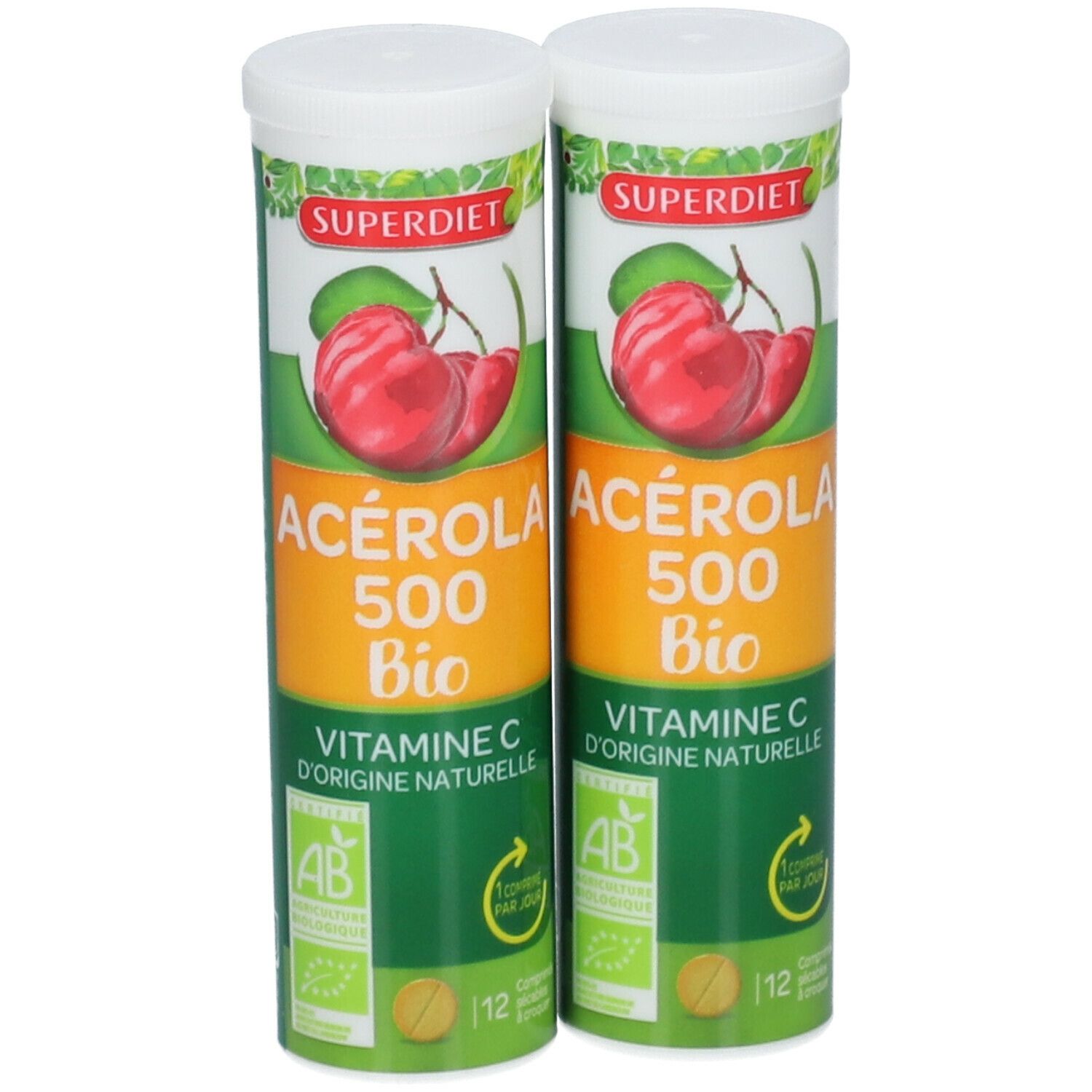 Deux tubes SUPER DIET Acerola 500 Bio. Inscription: Vitamine C, 12 comprimés. Label AB.