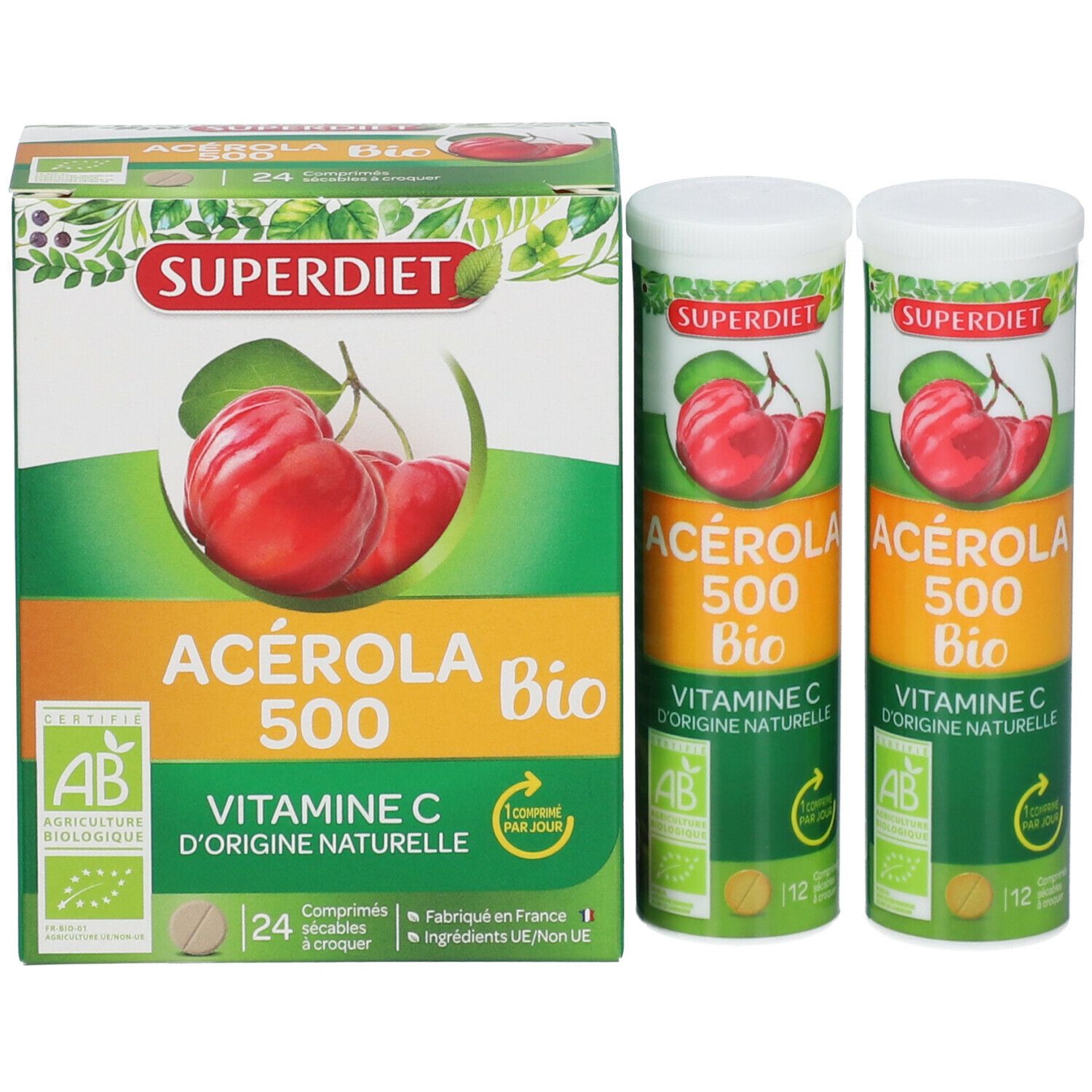 Boîte et deux tubes SUPER DIET Acerola 500 Bio. Inscription: Vitamine C, 24 comprimés. Label AB.