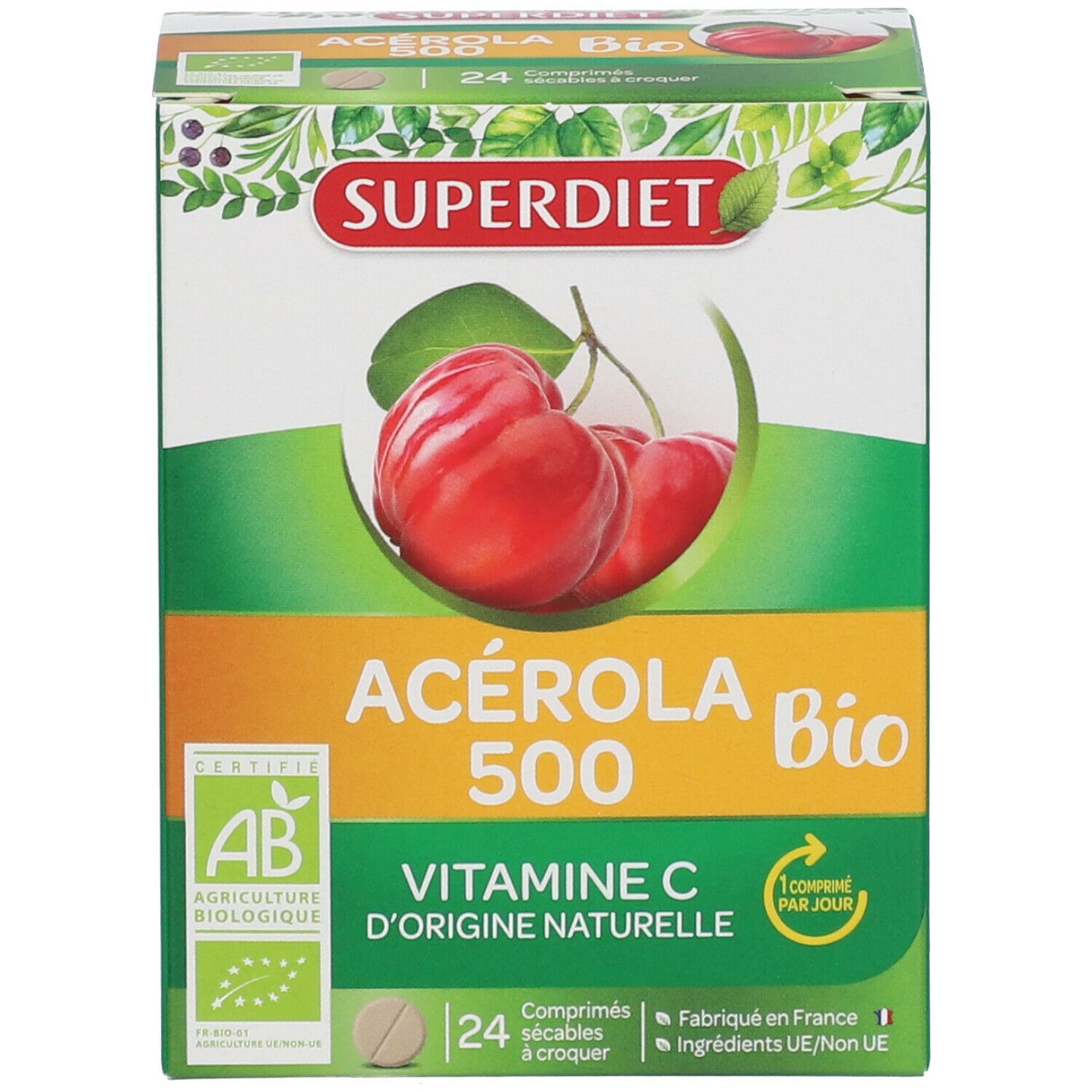 Boîte SUPER DIET Acerola 500 Bio. Inscription: Vitamine C, 24 comprimés. Label AB.