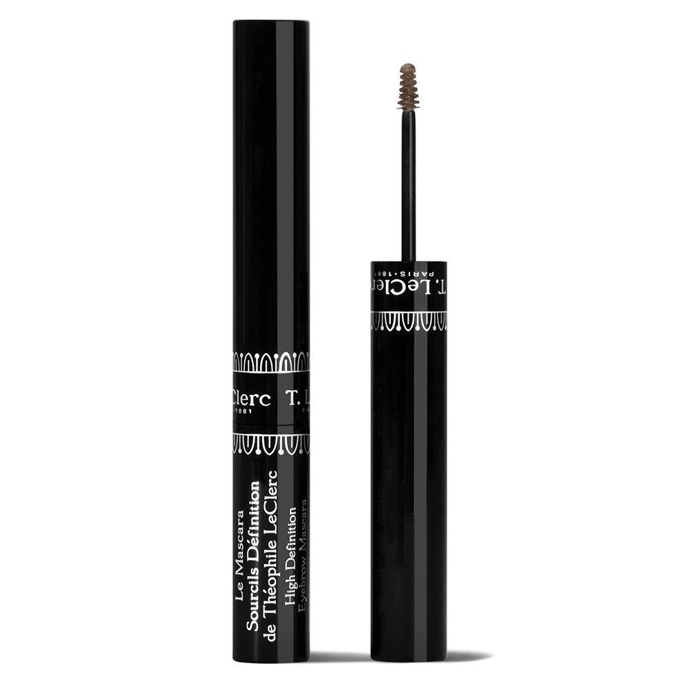 Tube de mascara noir avec brosse marron. Inscription: T. LeClerc, Mascara Sourcils Définition.