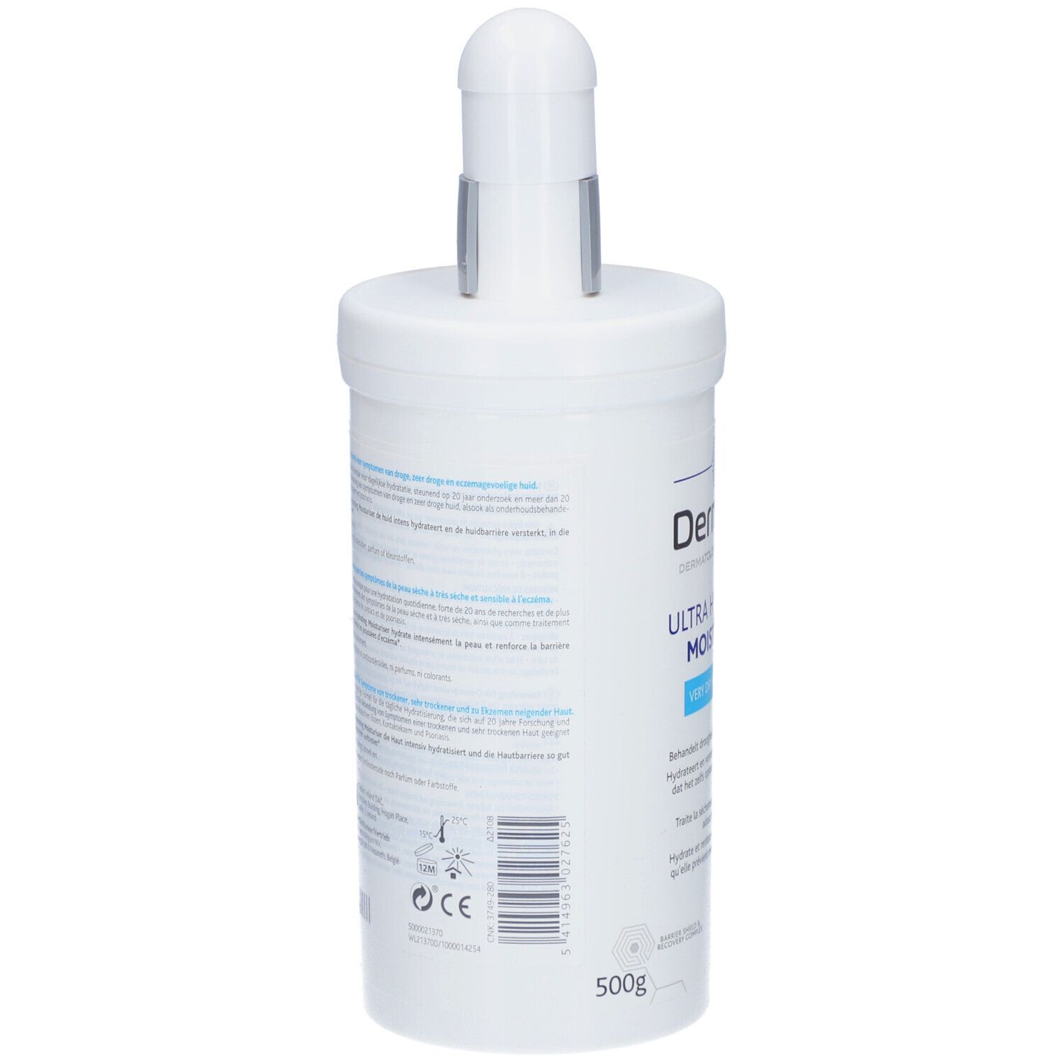 Récipient blanc avec pompe. Dos avec texte et code-barres. Inscription: 500g.
