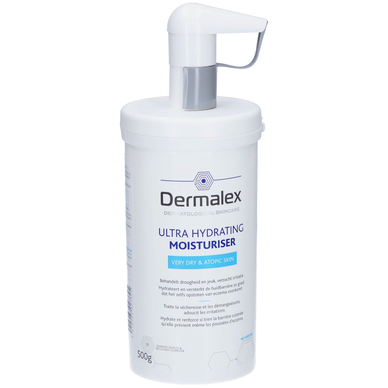 Récipient blanc avec pompe. Inscription: Dermalex Ultra Hydrating Moisturiser. Pour peaux très sèches et atopiques.