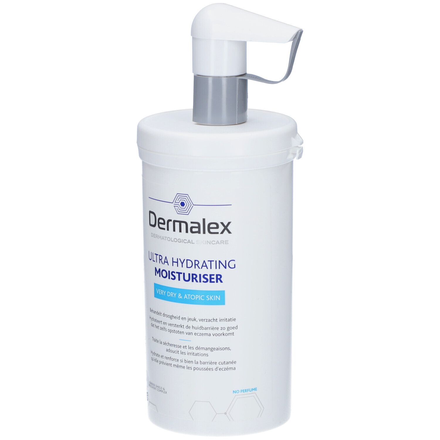 Récipient blanc avec pompe. Inscription: Dermalex Ultra Hydrating Moisturiser. Pour peaux très sèches et atopiques.