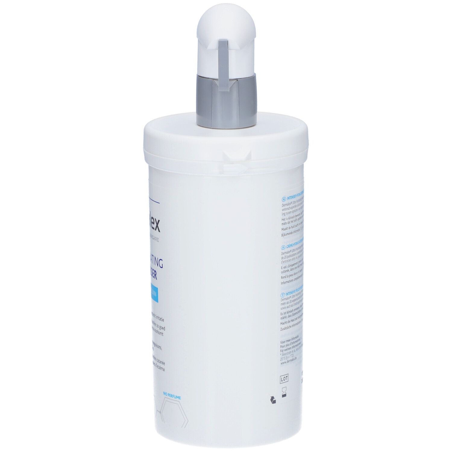 Récipient blanc avec pompe. Dos avec texte. Inscription: Ultra Hydrating Moisturiser.