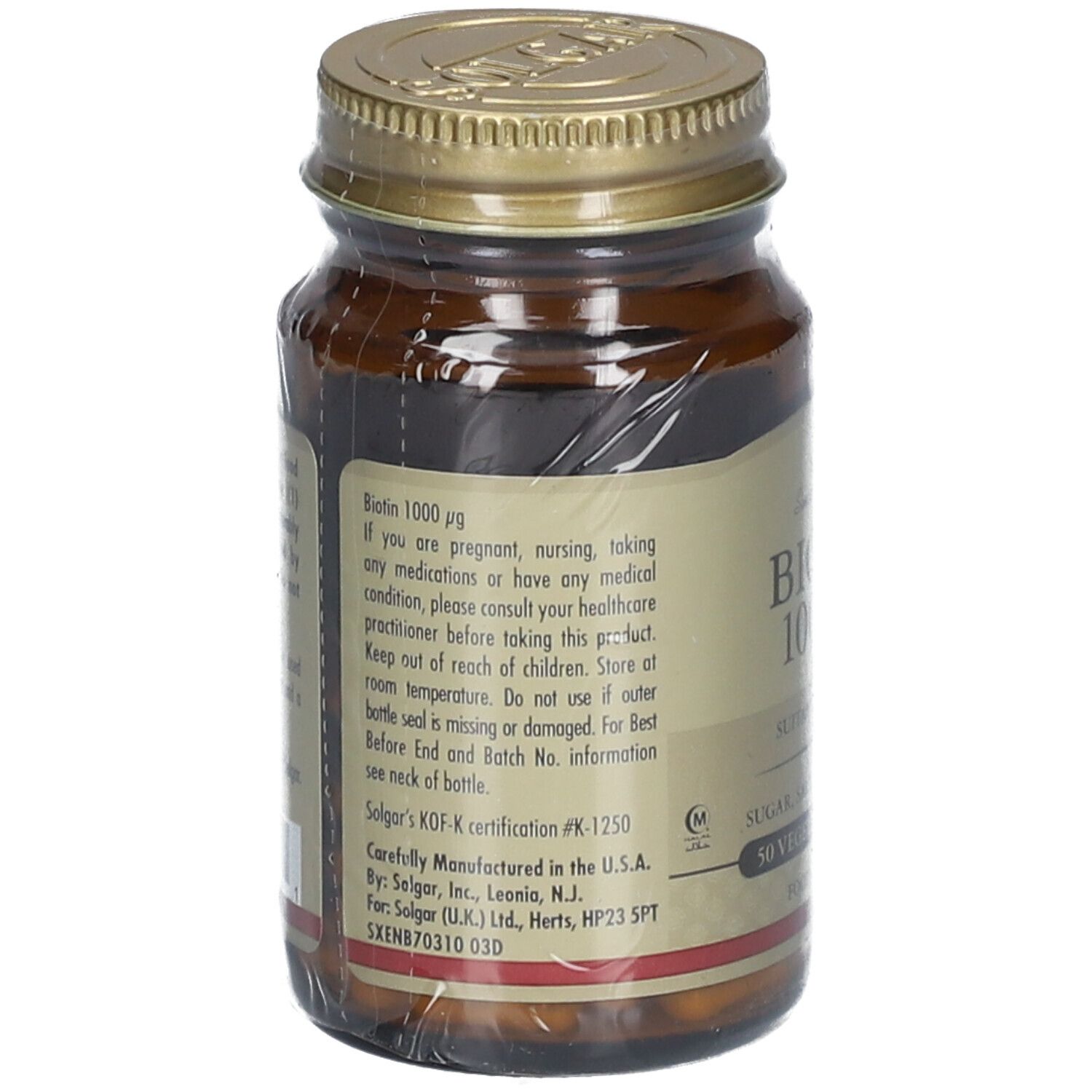 Dos du flacon. Étiquette avec informations sur "Biotin 1000 µg", ingrédients, fabricant et certification.