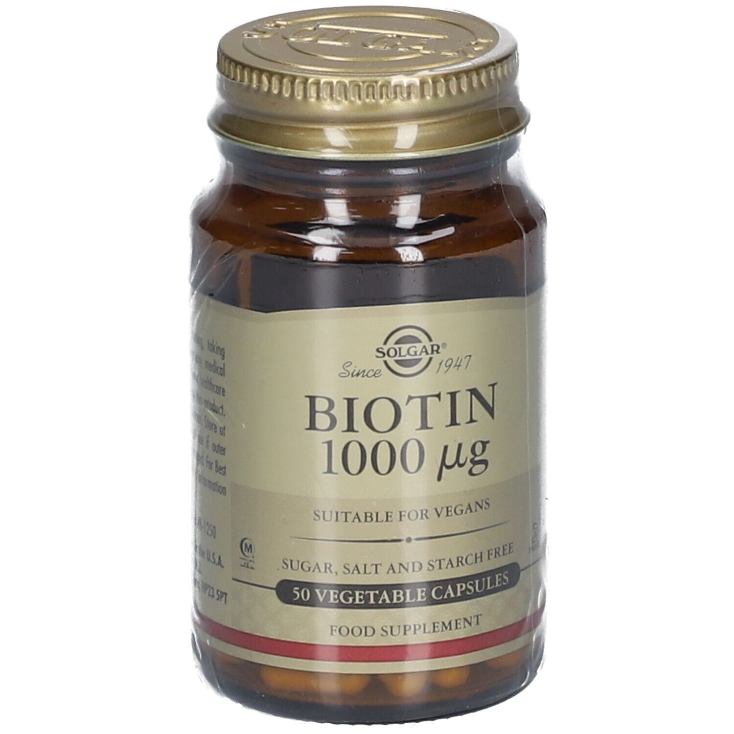 Flacon en verre brun avec couvercle doré. Étiquette avec "SOLGAR", "Biotin 1000 µg", "50 VEGETABLE CAPSULES".