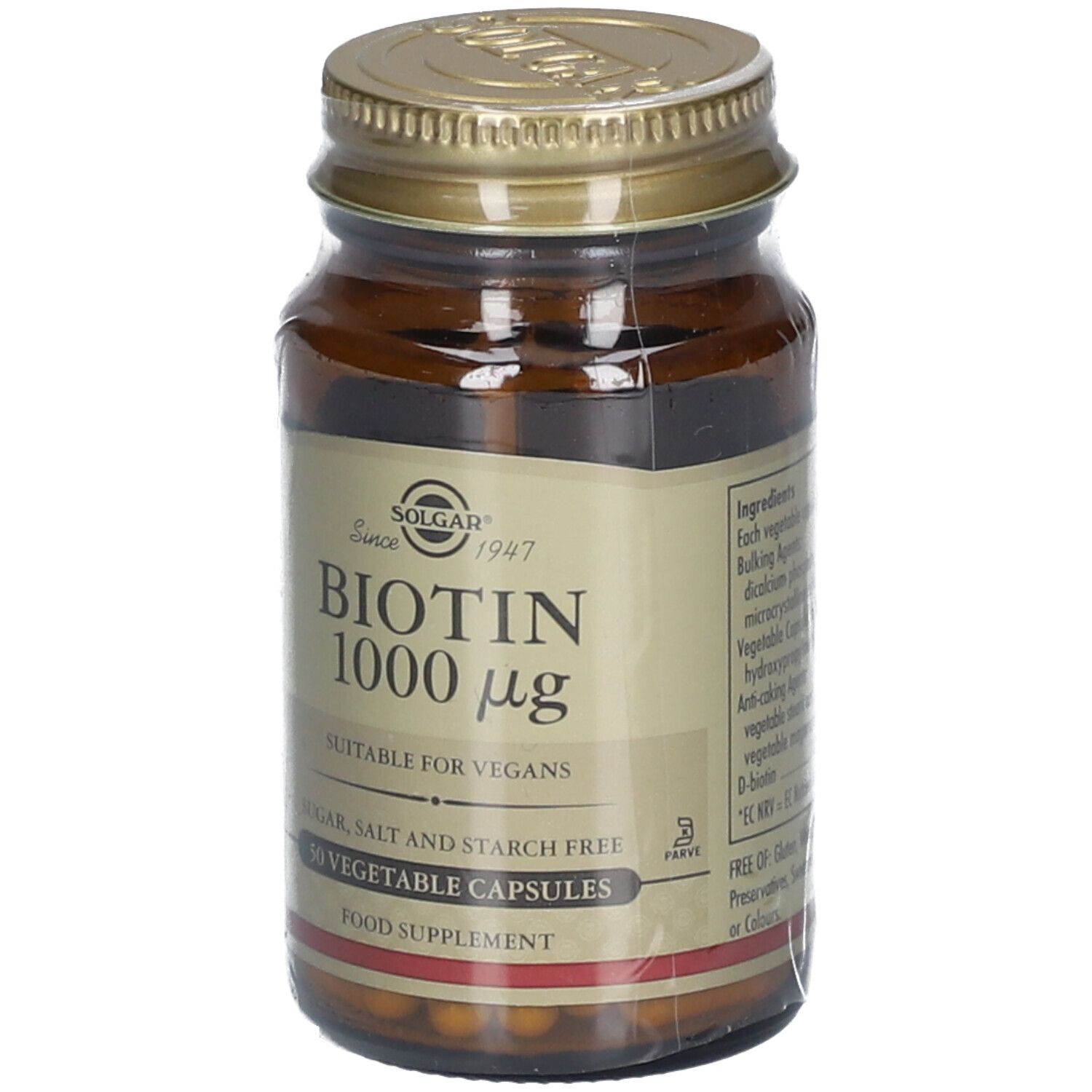 Flacon en verre brun avec couvercle doré. Étiquette avec "SOLGAR", "Biotin 1000 µg", "50 VEGETABLE CAPSULES".