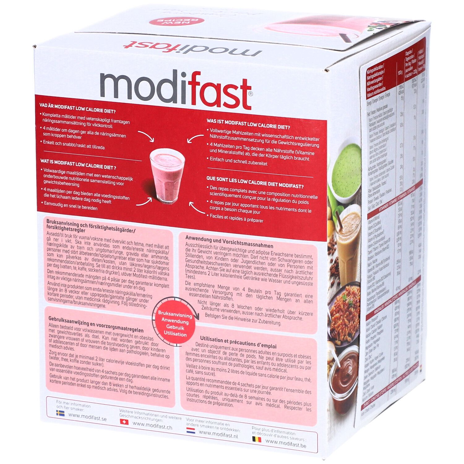Modifast-Box mit Text. Informationen zu Low Calorie Diet und Anwendung. Rote Schrift auf weißem Hintergrund.